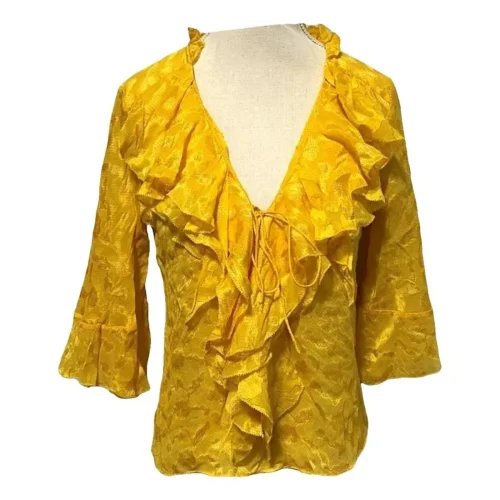 Vintage Diane Von Furstenberg Silk V-Neck Casual Yellow Blouse Ruffle Detail XS