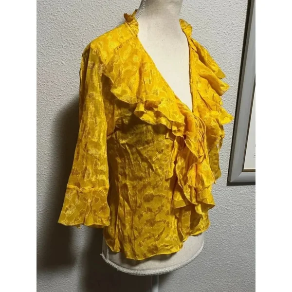 Vintage Diane Von Furstenberg Silk V-Neck Casual Yellow Blouse Ruffle Detail XS